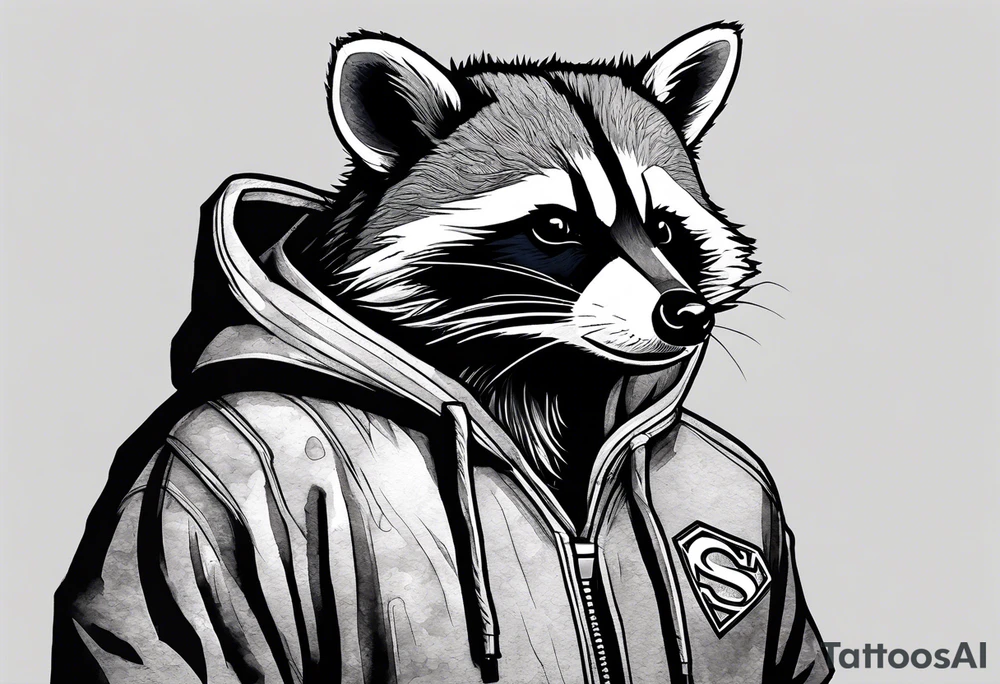raccoon wearing a Superman hoodie tattoo idea