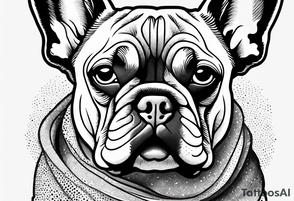 Design a delicate outline tattoo of a French Bulldog, emphasizing its charming features and quirky expression tattoo idea