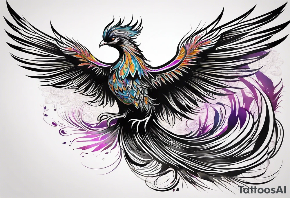 Surreal Tattoo: A powerful, majestic phoenix, depicted mid-flight or rising, with wings extended and feathers flowing. Deep shading and intricate details to bring out the texture and motion of the feathers. Style: Surrealism. tattoo idea