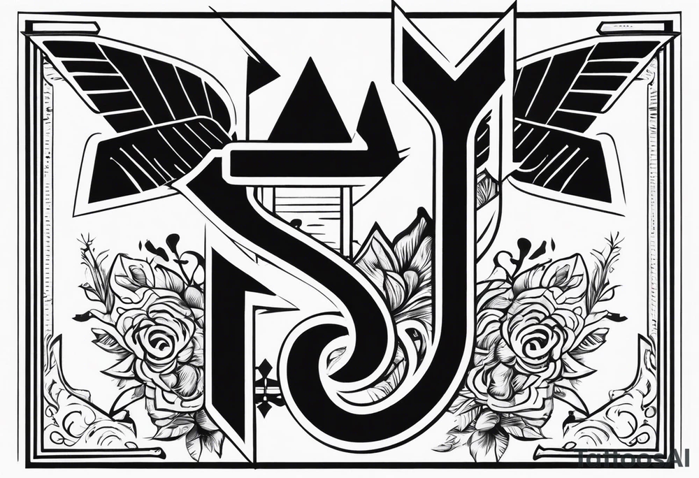 Representation of God underneath an up arrow to the left of an image of a man above a down arrow. tattoo idea
