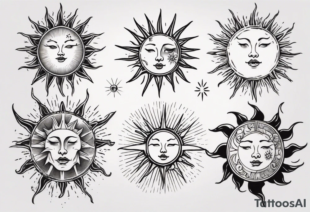 Linework of Sun with rays tattoo idea