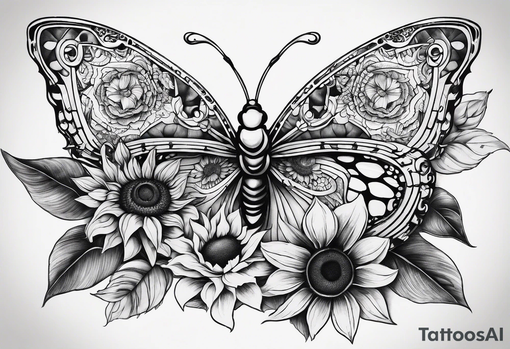 A beautiful blend of sunflowers bumblebee butterflies. They create a sexy and elegant design to run along the front of a woman's stomach. tattoo idea