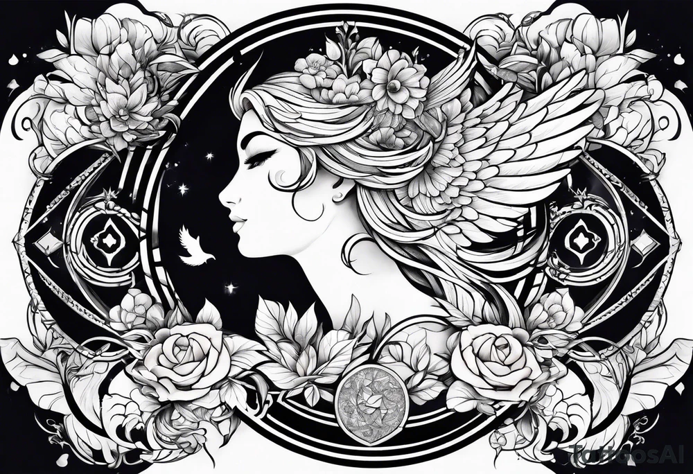 Sleeve with Libra and Phoenix with flowers tattoo idea