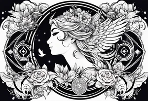 Sleeve with Libra and Phoenix with flowers tattoo idea