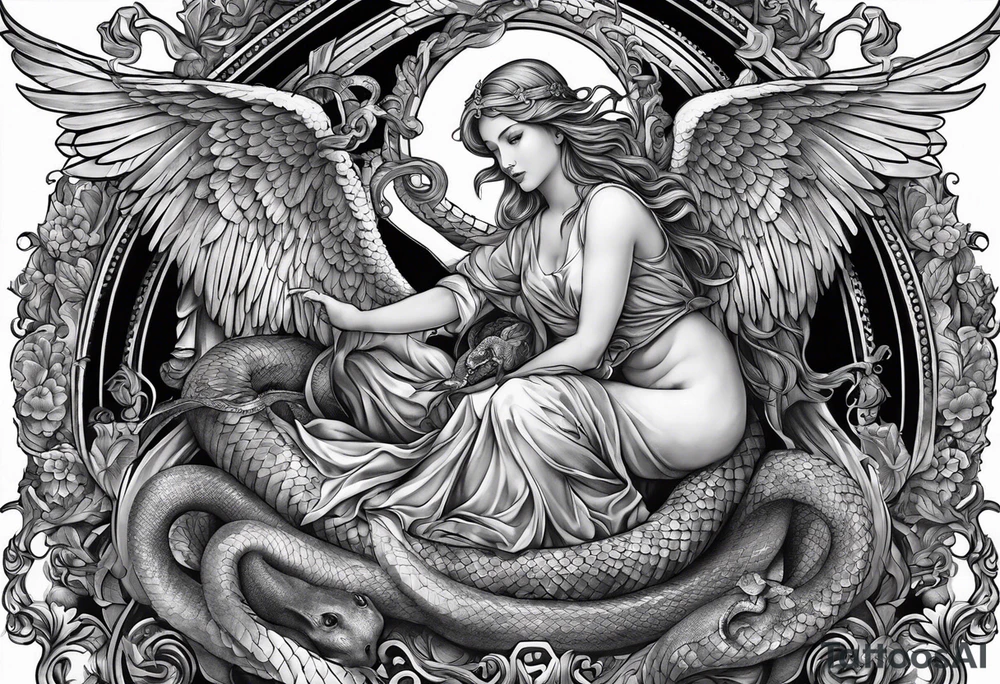 Full back piece depicting the biblically accurate angels above killing a snake tattoo idea