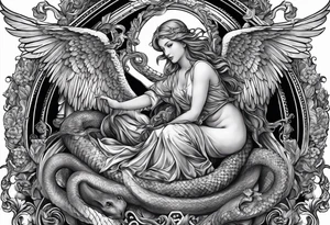 Full back piece depicting the biblically accurate angels above killing a snake tattoo idea
