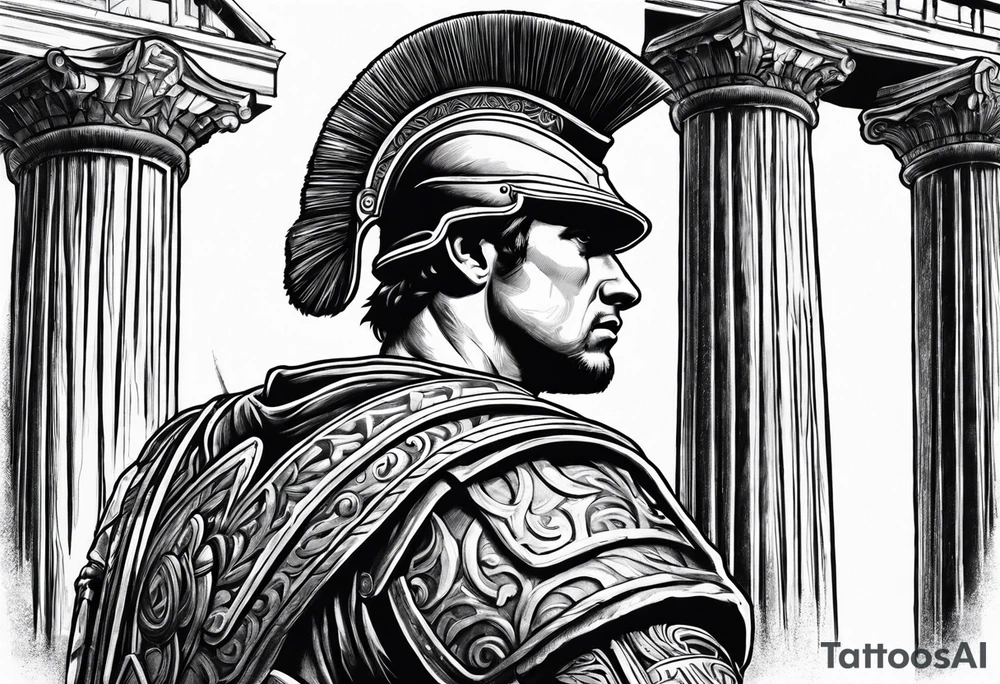 Roman solider looking at distant pillars tattoo idea