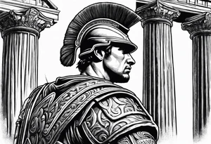 Roman solider looking at distant pillars tattoo idea