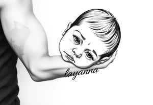 Baby girl newborn with just the eyes with the name layanna at the bottom of it tattoo idea