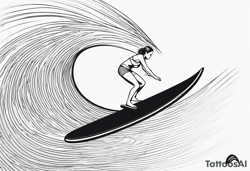 A girl that surfs on a longboard in a very elegant style and it should be very minimalistic and fineline tattoo idea