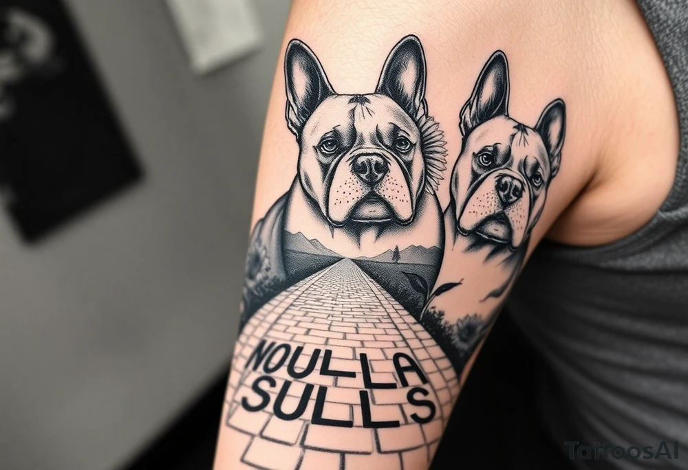 Collage of American bully portraits in black and white with sunflowers, an old road made from pavers the words Mountain State Bullies tattoo idea