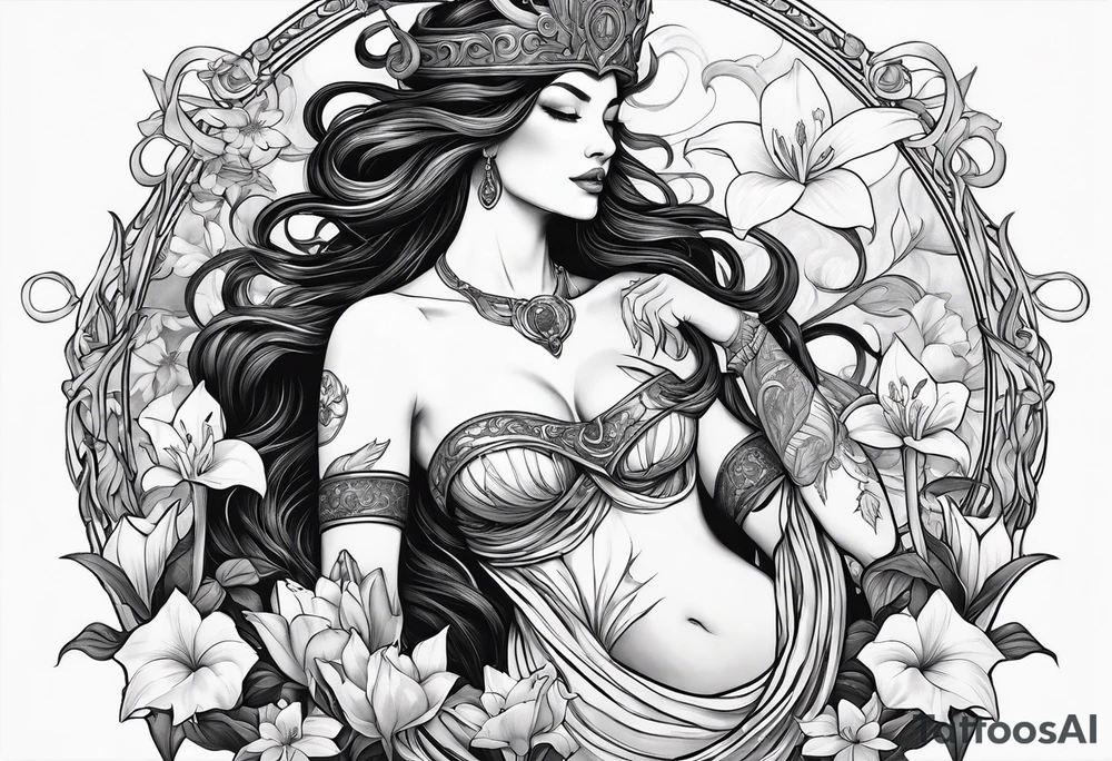 a side view of the goddess lilith holding a serpent and surrounded by lilies tattoo idea