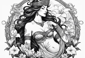 a side view of the goddess lilith holding a serpent and surrounded by lilies tattoo idea