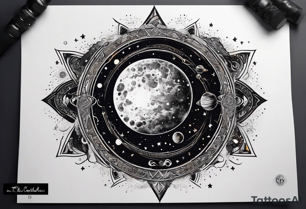 A tattoo featuring a cosmic scene with planets, black holes, and supernovae intertwined with intricate linguistic symbols, reflecting the client's interests in cosmology and linguistics. tattoo idea