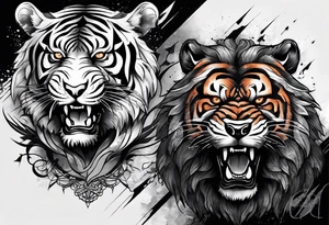 Tiger and bear growling chest tattoo both on different pecs. They are in a cloudy forest with fierce warriors. Number 14 is in the sternum tattoo idea