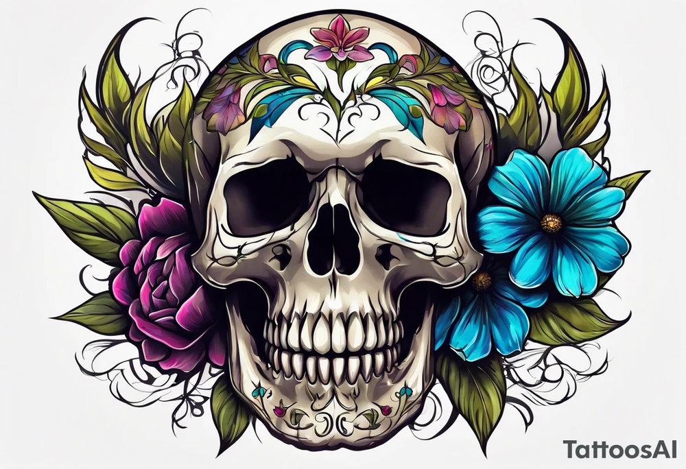 skull with one flower growing out of its head tattoo idea