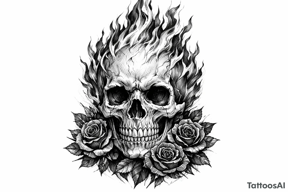Realistic skull with vibrant orange and red flames, dark red roses at base. tattoo idea