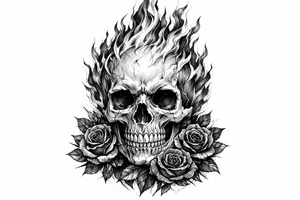 Realistic skull with vibrant orange and red flames, dark red roses at base. tattoo idea