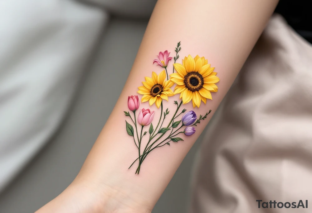 Small yellow sunflowers and simple stargazer Lilly in pale pink and pale purple tulip buds in a dainty wildflower bouquet with light green stems. No outlines on the flowers. Include feminine stem lines. tattoo idea