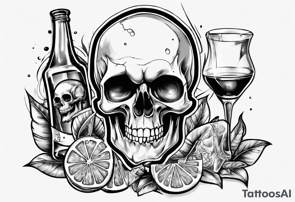 A smiling looking to the left scull inside the glass with alcohol and piece of lime tattoo idea