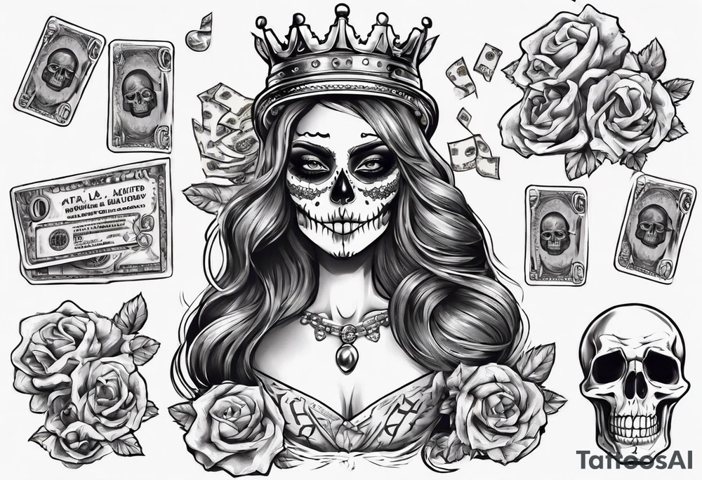 santa la muerta with money and crown
on the card tattoo idea