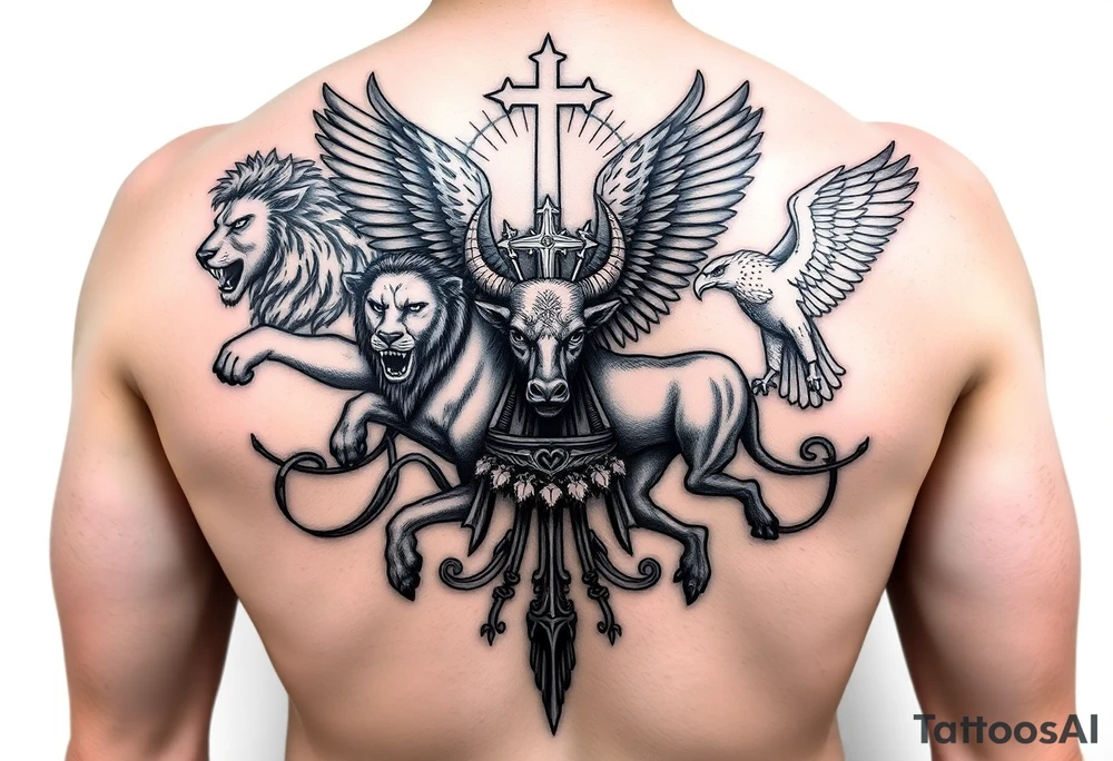 The concept is the 4 incorporeal creatures a man, a lion, an ox, and an eagle carrying the throne of God. Those four creatures are the main elements I’m looking for in the sleeve. With the rest I would like to see your creative/artistic approach.

The Creatures 
Lion: Representing power, courage, and Christ’s victory.
Ox/Calf: Signifying sacrifice and the strength of domesticated animals.
Man: Symbolizing humanity and Christ’s incarnation.
Eagle: Representing divinity, grace, and Christ’s ascension. tattoo idea