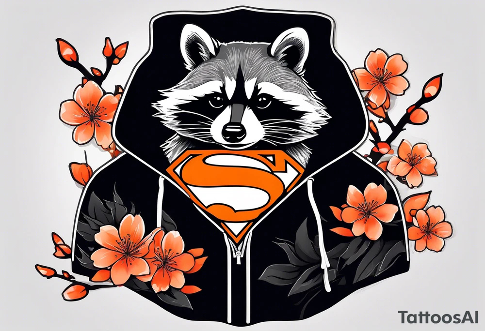 Raccoon wearing a white Superman logo on a black hoodie and orange Japanese cherry blossoms beside tattoo idea