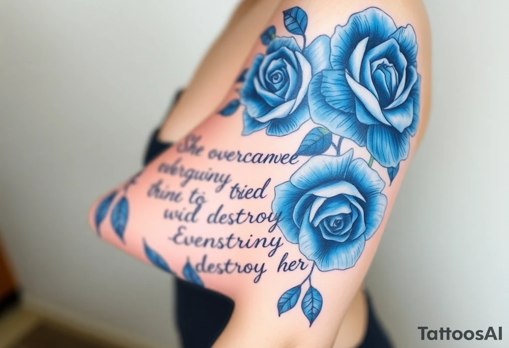 blue roses with the quote She overcame everything that tried to destroy her tattoo idea