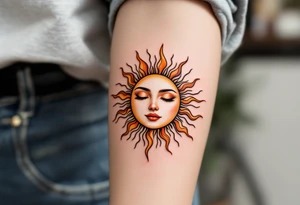 A stylized sun with the son’s face subtly etched in gold and burnt orange rays. tattoo idea