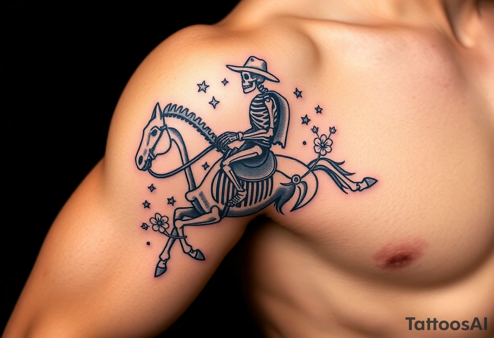 cowboy skeleton riding a horse skeleton on bicep, Fill with stars, dots, and flowers tattoo idea