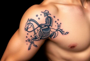 cowboy skeleton riding a horse skeleton on bicep, Fill with stars, dots, and flowers tattoo idea