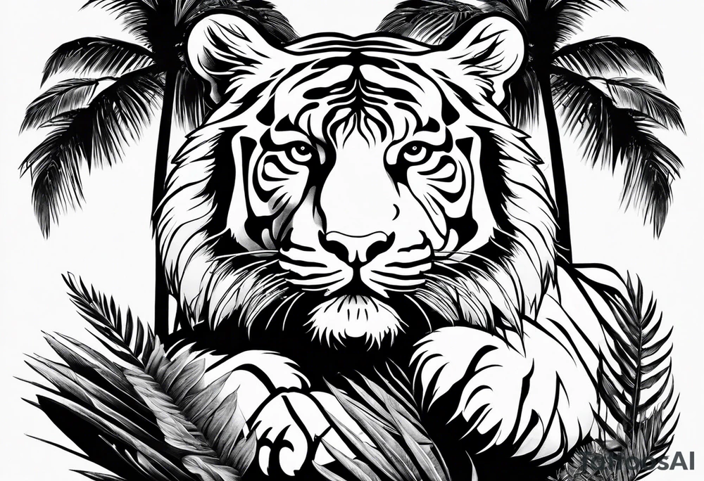 tiger laying on palm tree tattoo idea