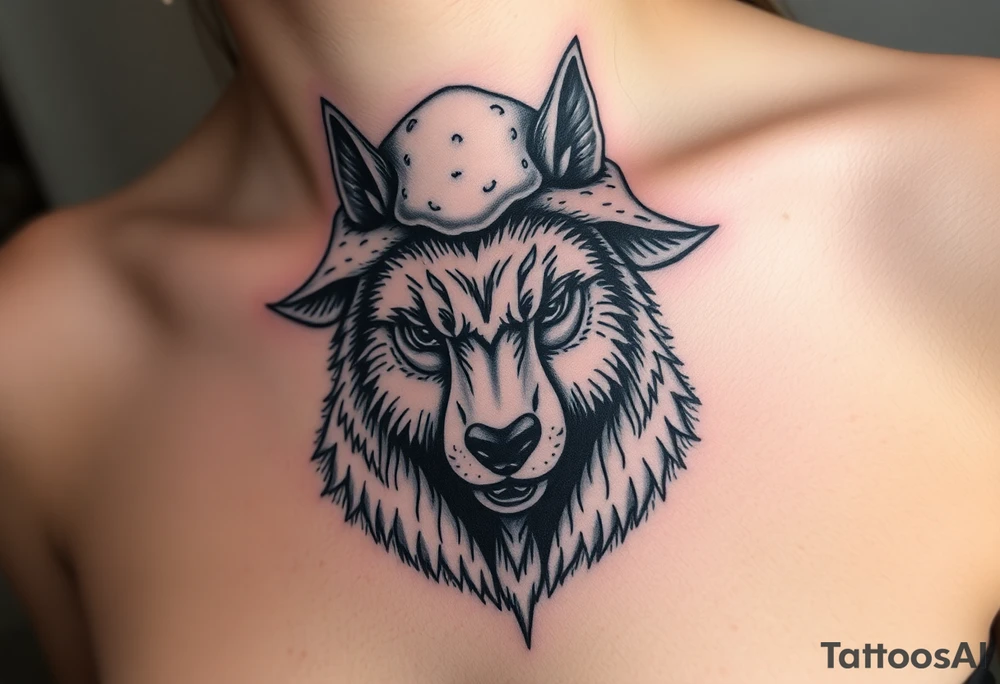 Big bad wolf nursery rhyme wearing a sheep costume with sheep head hood to kill and eat the three little pigs and little red riding hood in the woods tattoo idea