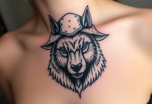 Big bad wolf nursery rhyme wearing a sheep costume with sheep head hood to kill and eat the three little pigs and little red riding hood in the woods tattoo idea