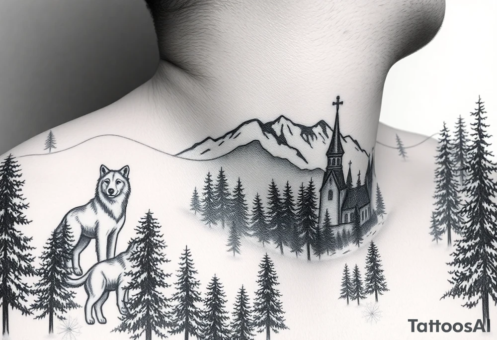 Nature/Landscape

Wolves in a pine forest (extending the tree line you already have)
A Russian bear emerging from the treeline
Snow-capped mountains behind the church scene tattoo idea
