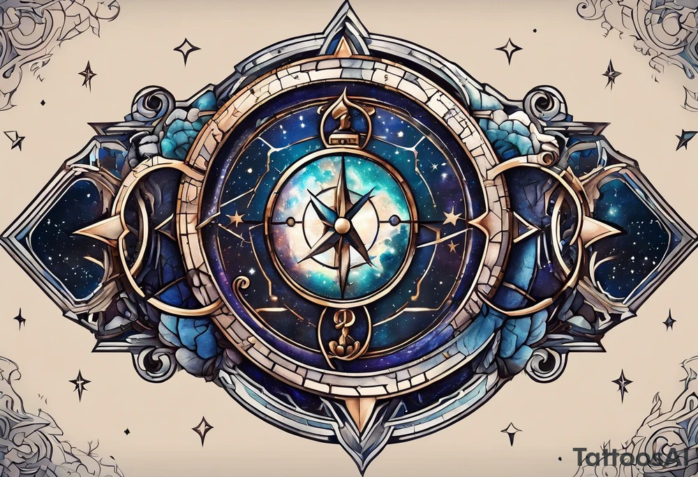 Matter, energy, space and time with an old stone theta symbol with stars in the background and Scorpio constellation tattoo idea
