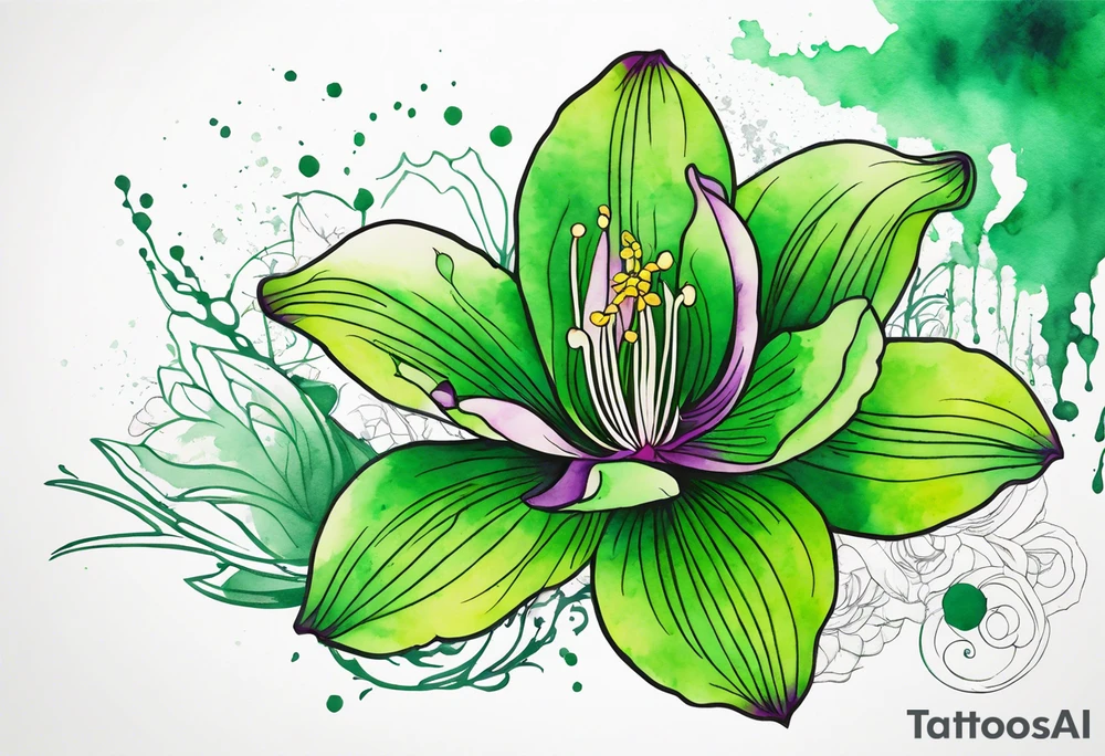 An outline of a green rio dipladenia flower and a green/purple watercolor splash in the background tattoo idea