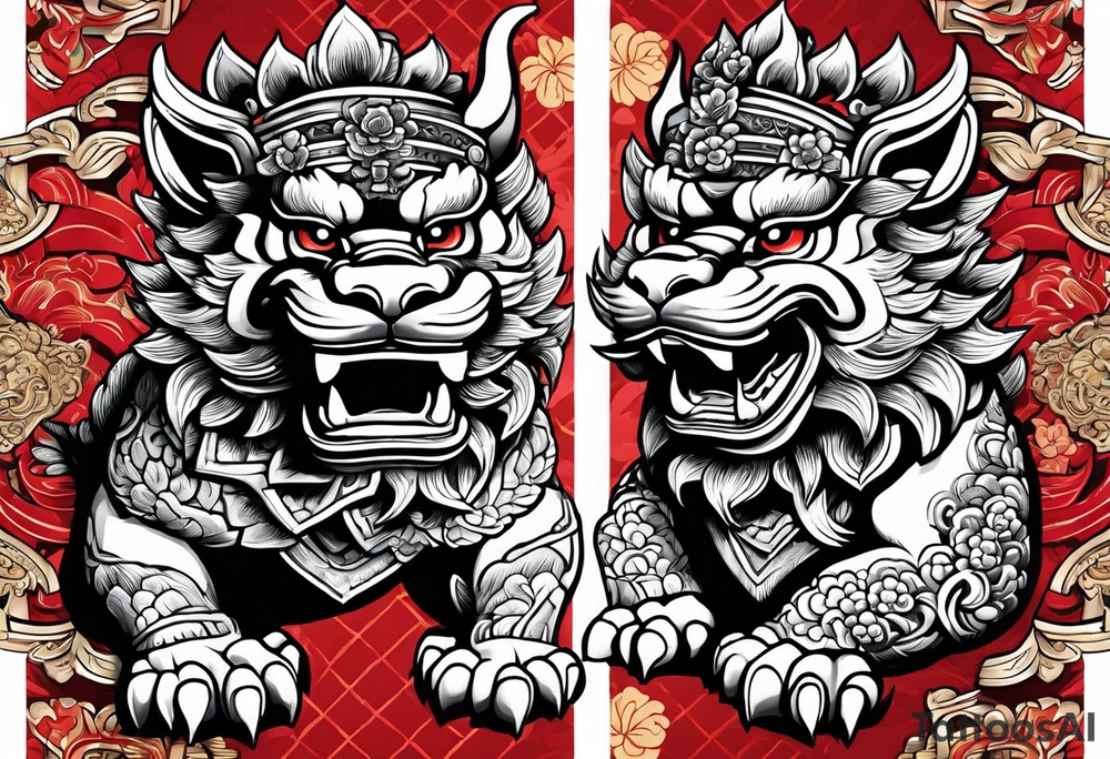 Traditional Okinawa shisa pair, One has their mouth closed, the other with their mouth open tattoo idea