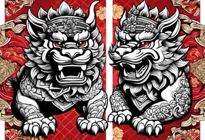 Traditional Okinawa shisa pair, One has their mouth closed, the other with their mouth open tattoo idea