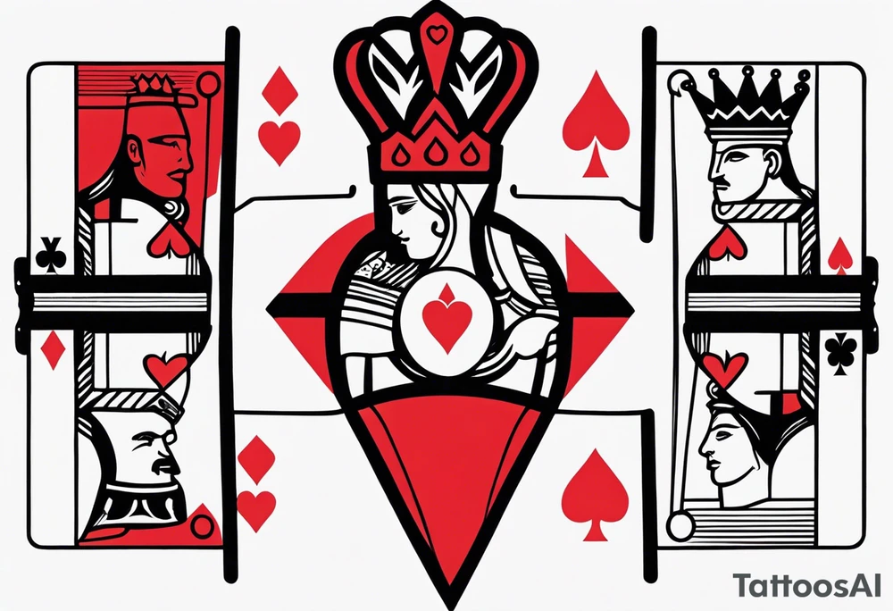 one combined tatto in minimalistic style with icon style three king of spades and icon style one queen of hearts. extreme minimalstic and few lines. much more minimalistic and fewer lines tattoo idea