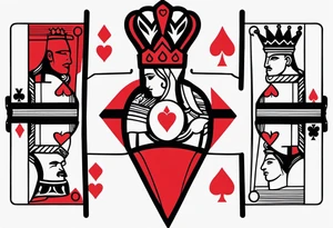 one combined tatto in minimalistic style with icon style three king of spades and icon style one queen of hearts. extreme minimalstic and few lines. much more minimalistic and fewer lines tattoo idea