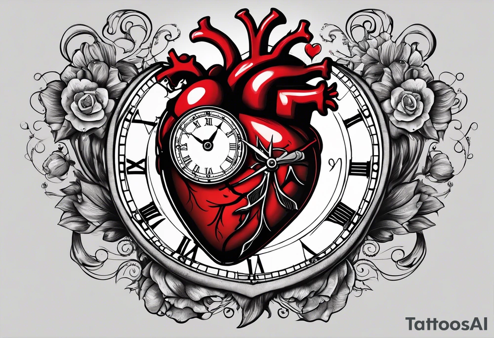 anatomical heart with clock in middle.
Clock hands on 8 and 5.
Never Say Never written on tattoo tattoo idea