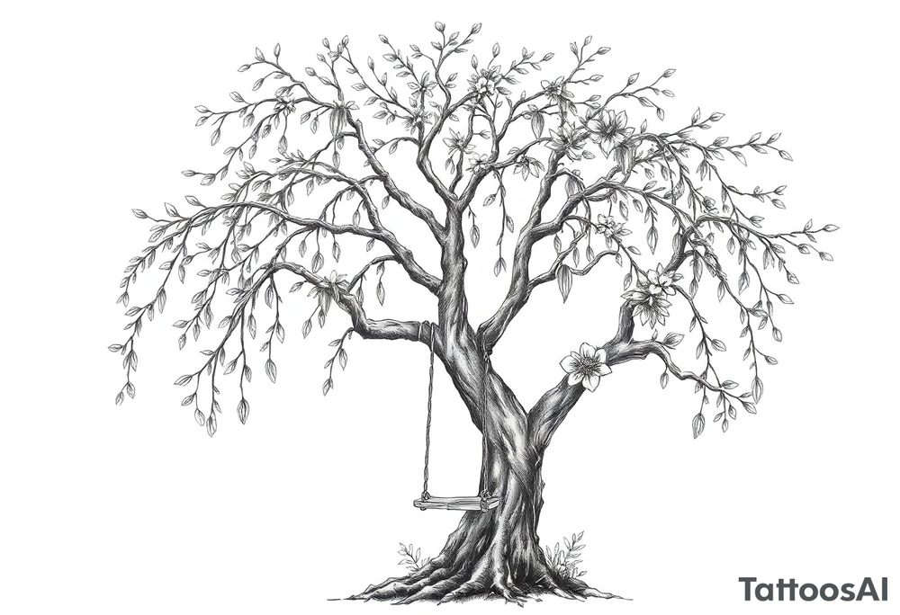 Willow tree with 7 branches with a swing hanging from one with florals tattoo idea