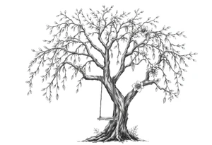 Willow tree with 7 branches with a swing hanging from one with florals tattoo idea