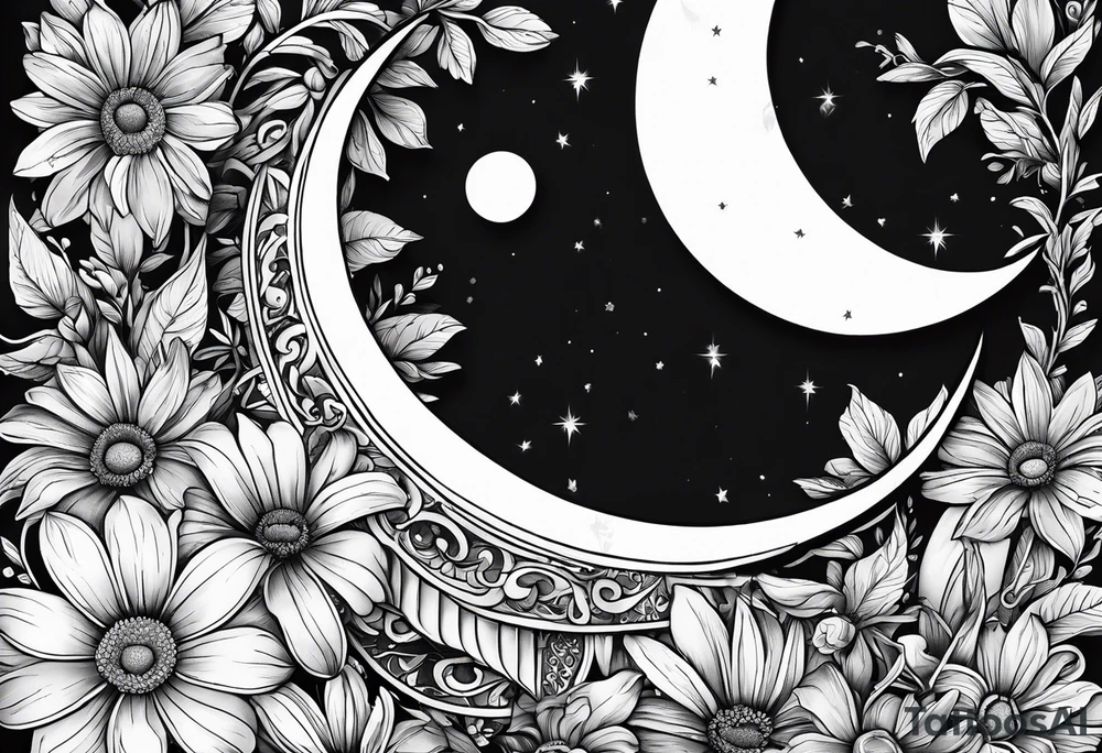 Hand tattoo of a Crescent moon shrouded by beautiful daisies tattoo idea