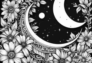 Hand tattoo of a Crescent moon shrouded by beautiful daisies tattoo idea