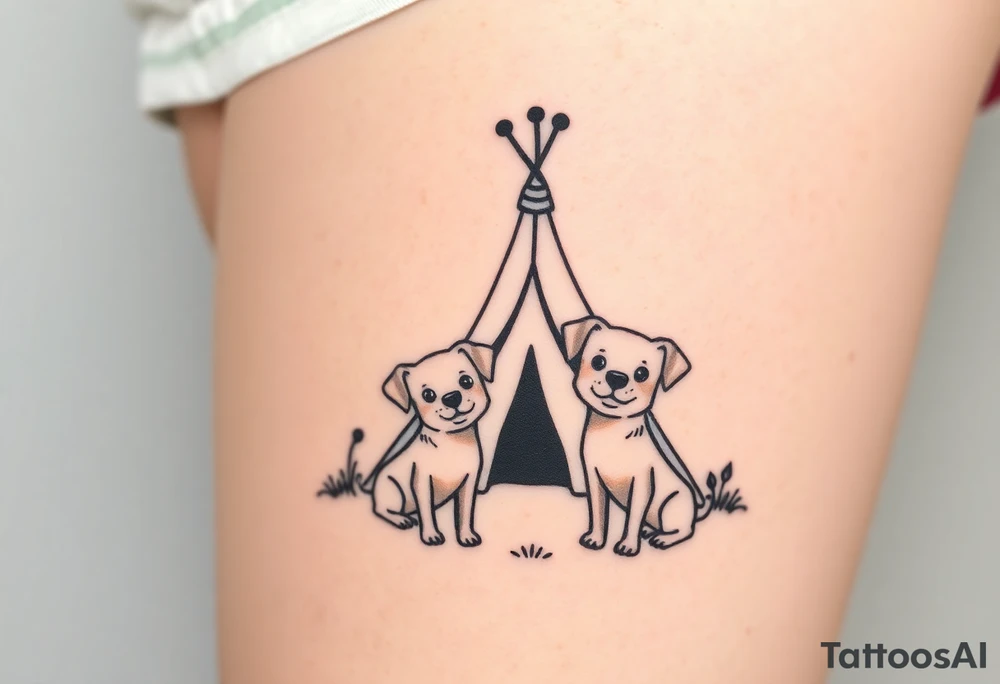 two dogs in front of a teepee tattoo idea