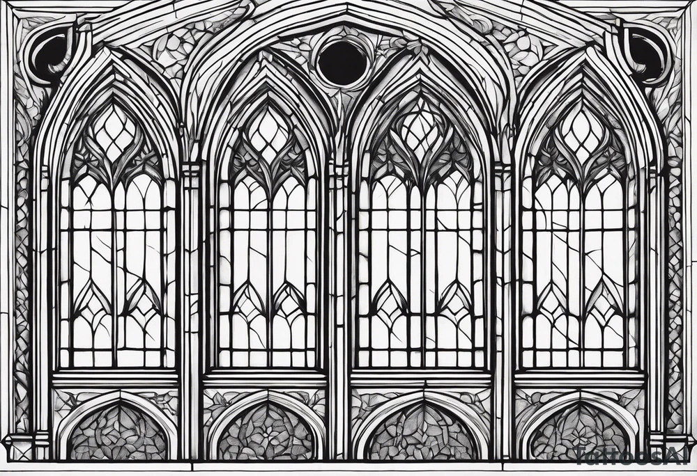 gothic, cathedral style window with intricate detail of windowsill, blacked out frames, long and skinny tattoo idea