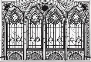 gothic, cathedral style window with intricate detail of windowsill, blacked out frames, long and skinny tattoo idea
