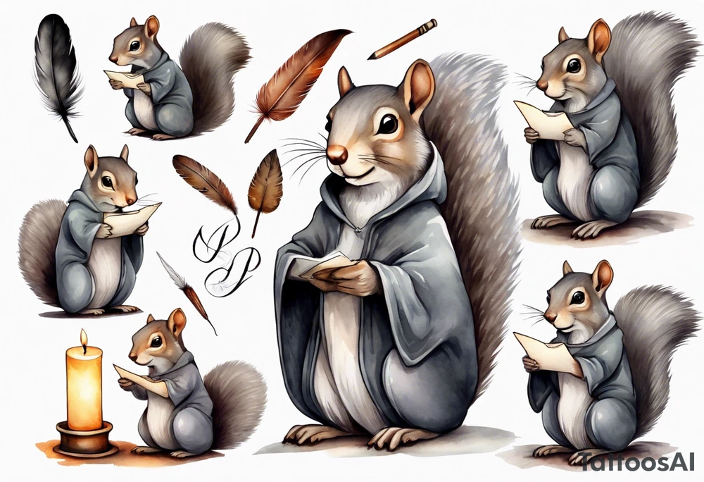an elderly grey squirrel with a beard dressed in a grey cloak sitting in the dark holding a feather quill writing a letter by candlelight tattoo idea